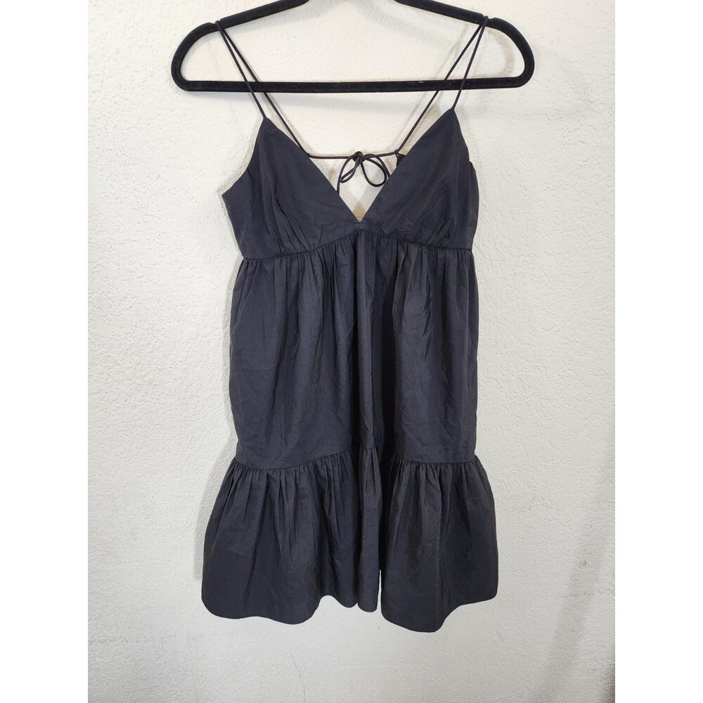 Zara Black Tiered Mini Dress Medium Strappy Open Tie Back Cotton Blend LBD